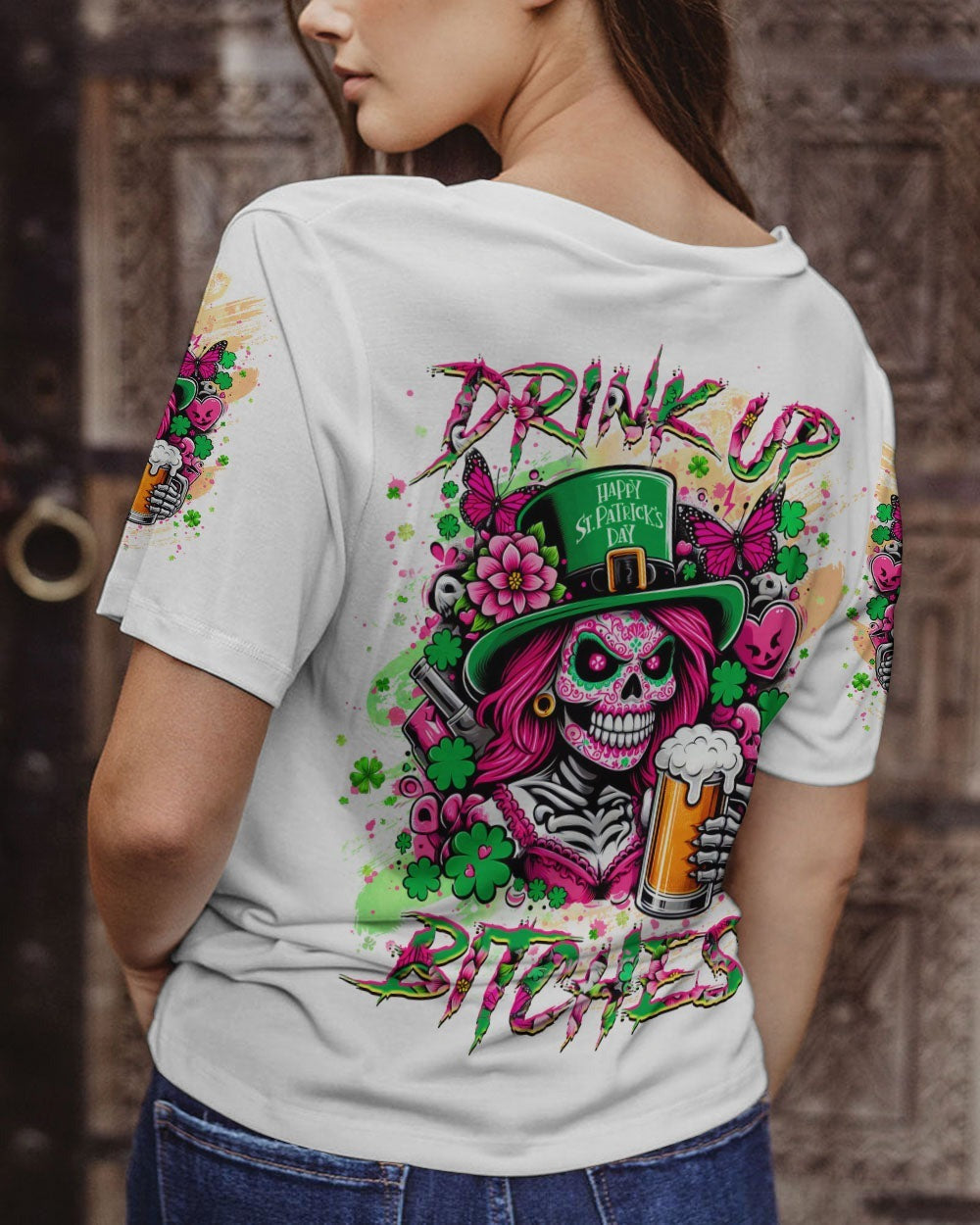 BLISSCORNERS DRINK UP B SKULL LADY PATRICK'S DAY ALL OVER PRINT