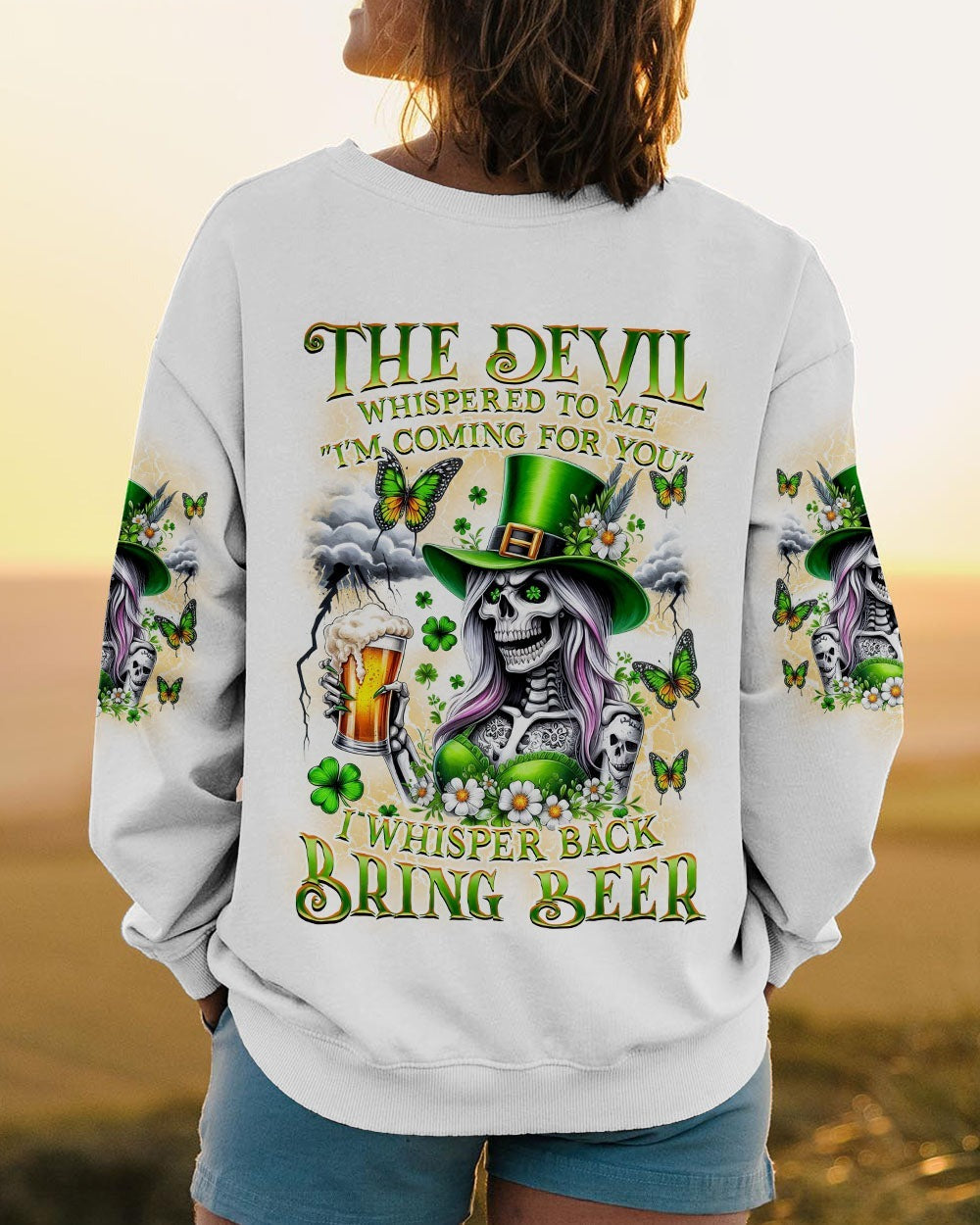 BLISSCORNERS THE DEVIL WHISPERED TO ME BRING BEER PATRICK'S DAY ALL OVER PRINT
