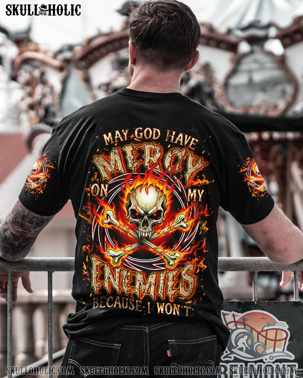 BLISSCORNERS MAY GOD HAVE MERCY ON MY ENEMIES FIRE SKULL ALL OVER PRINT