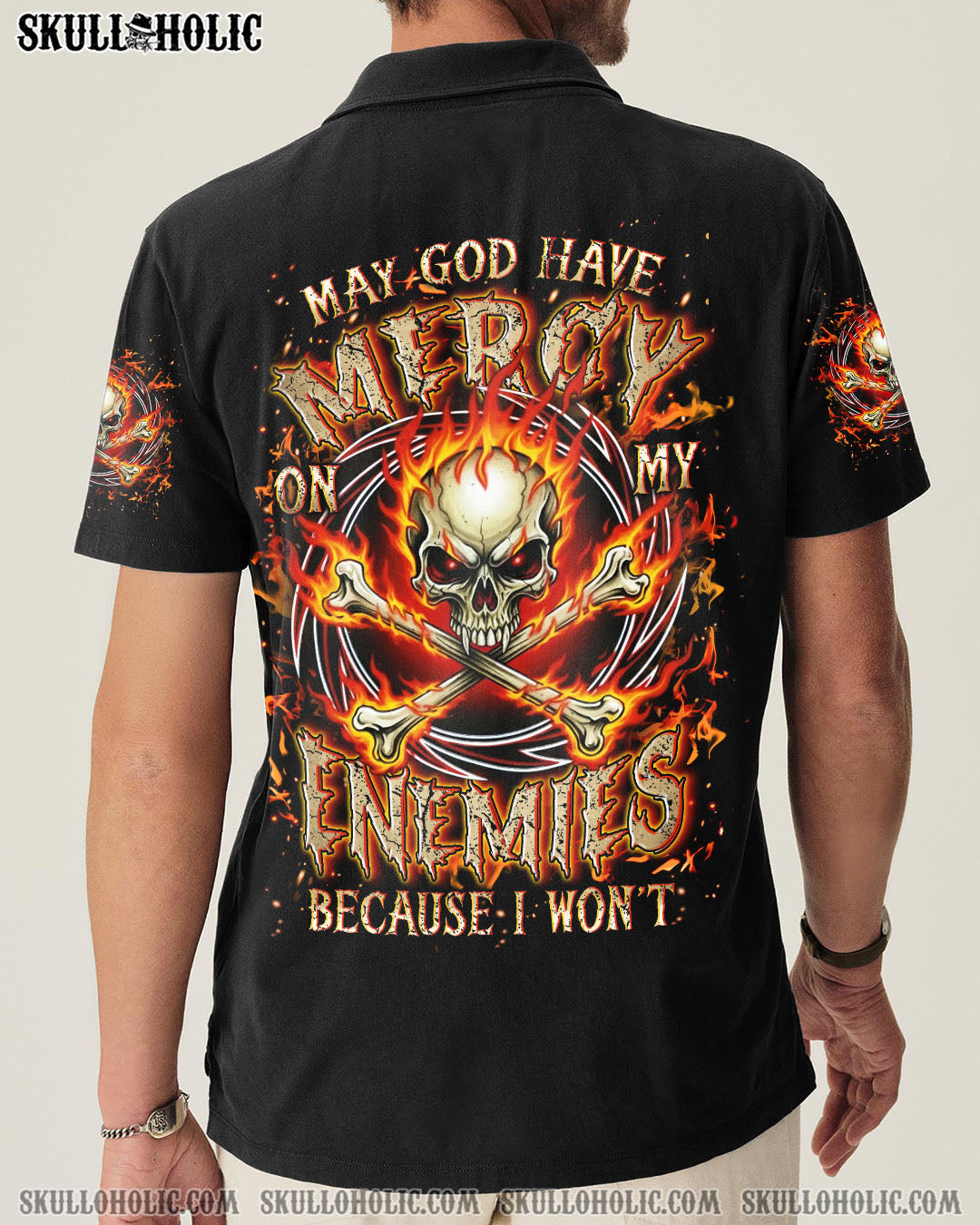 BLISSCORNERS MAY GOD HAVE MERCY ON MY ENEMIES FIRE SKULL ALL OVER PRINT
