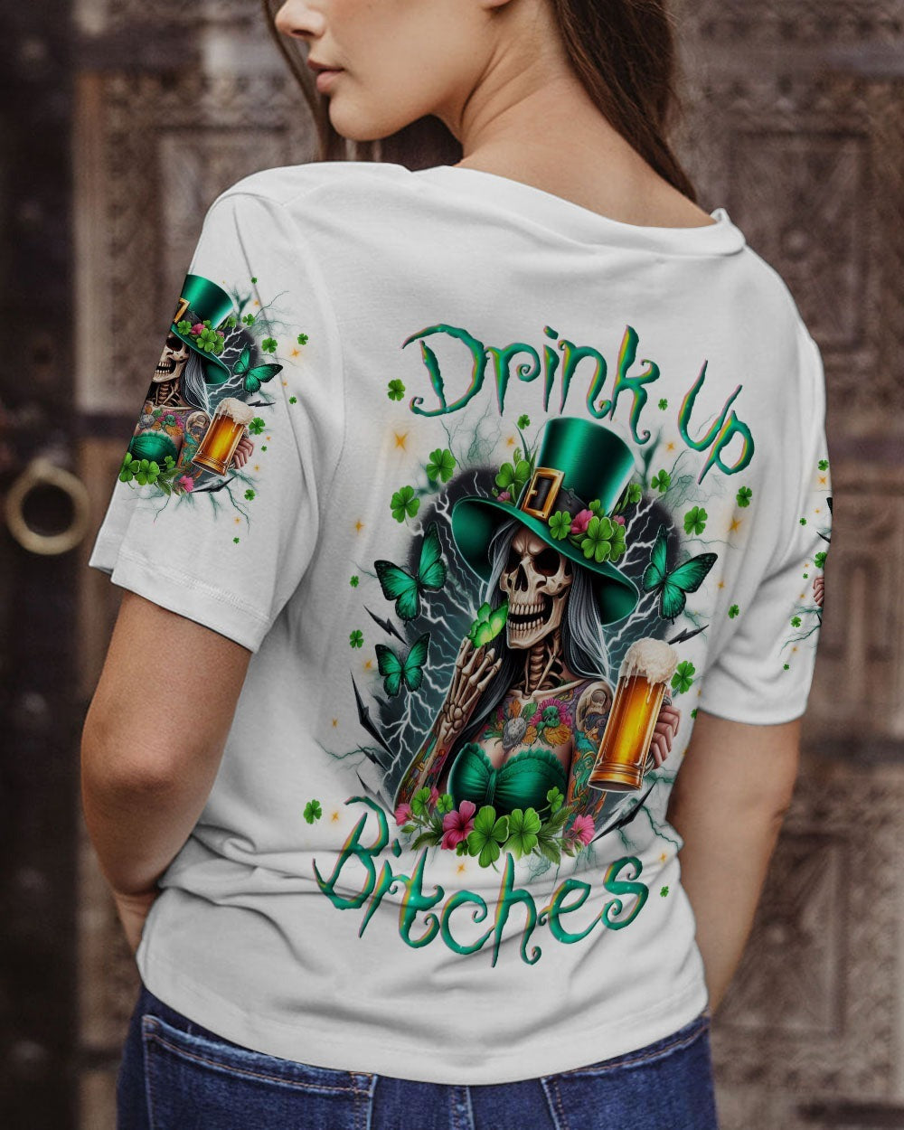BLISSCORNERS DRINK UP B SKULL LADY PATRICK'S DAY ALL OVER PRINT