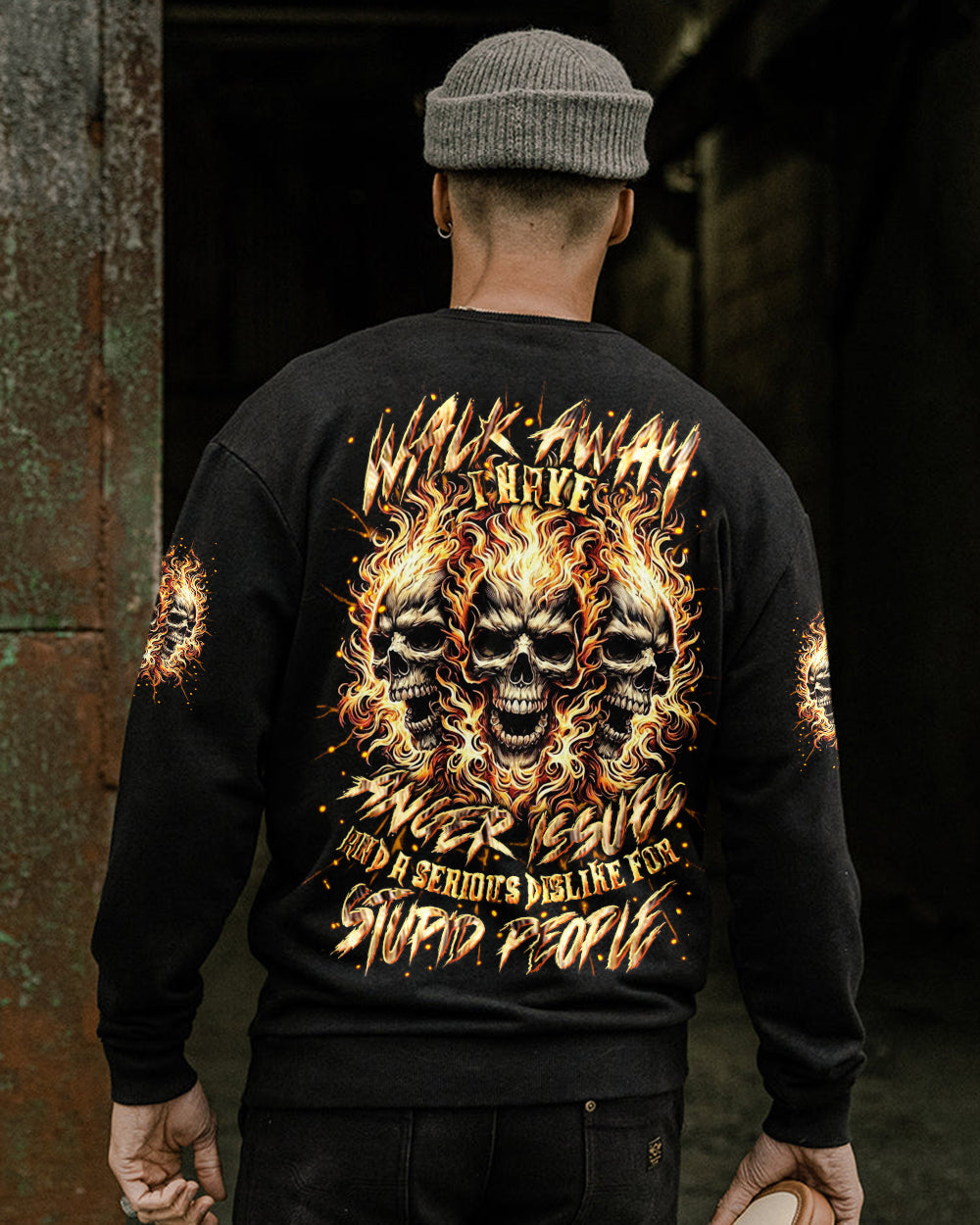 BLISSCORNERS WALK AWAY I HAVE ANGER ISSUES FIRE SKULL ALL OVER PRINT