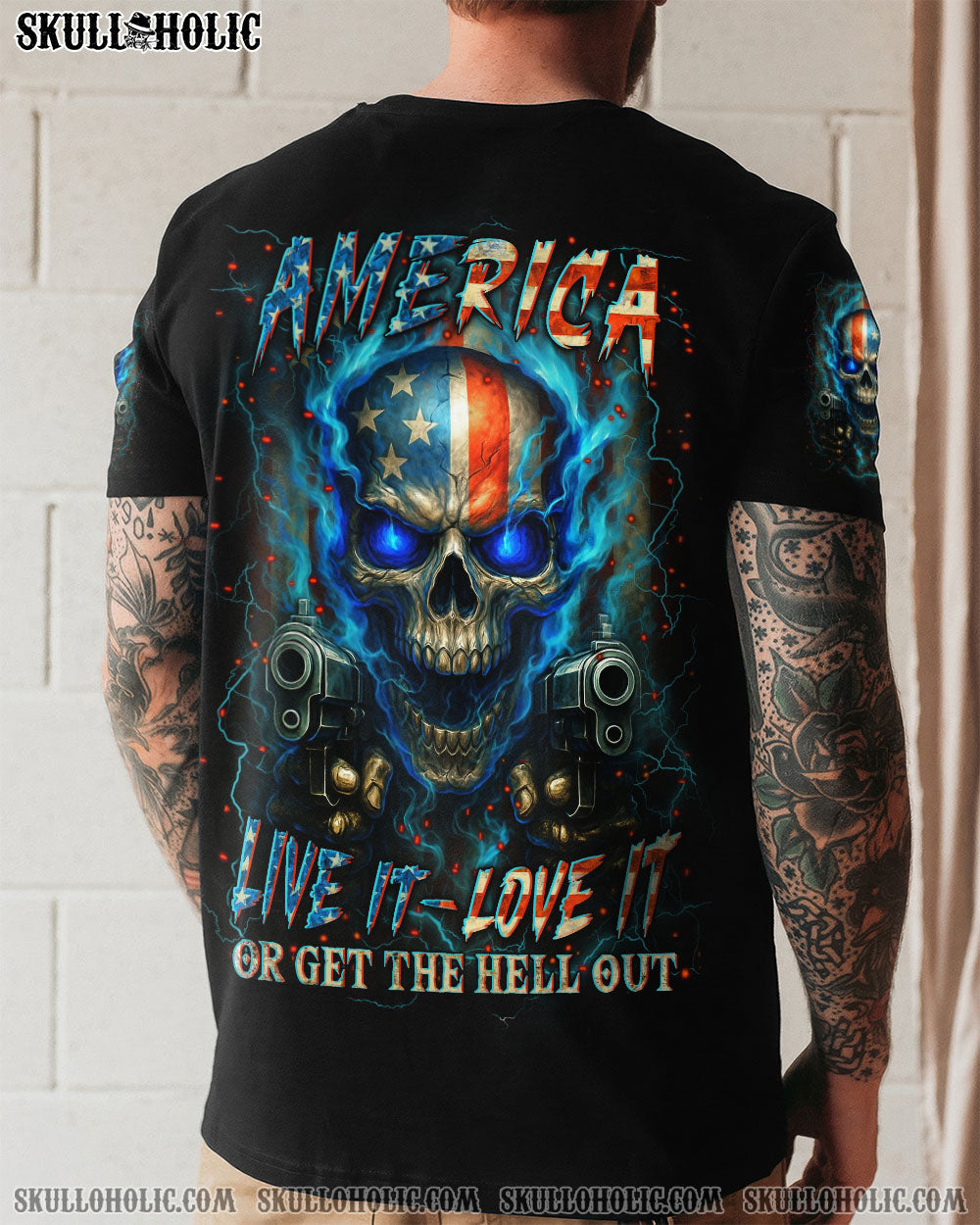 BLISSCORNERS AMERICA LIVE IT LOVE IT OR GET THE HELL OUT SKULL ALL OVER PRINT