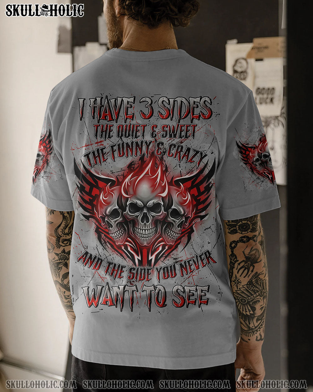 BLISSCORNERS I HAVE 3 SIDES 3 FIRE SKULLS ALL OVER PRINT