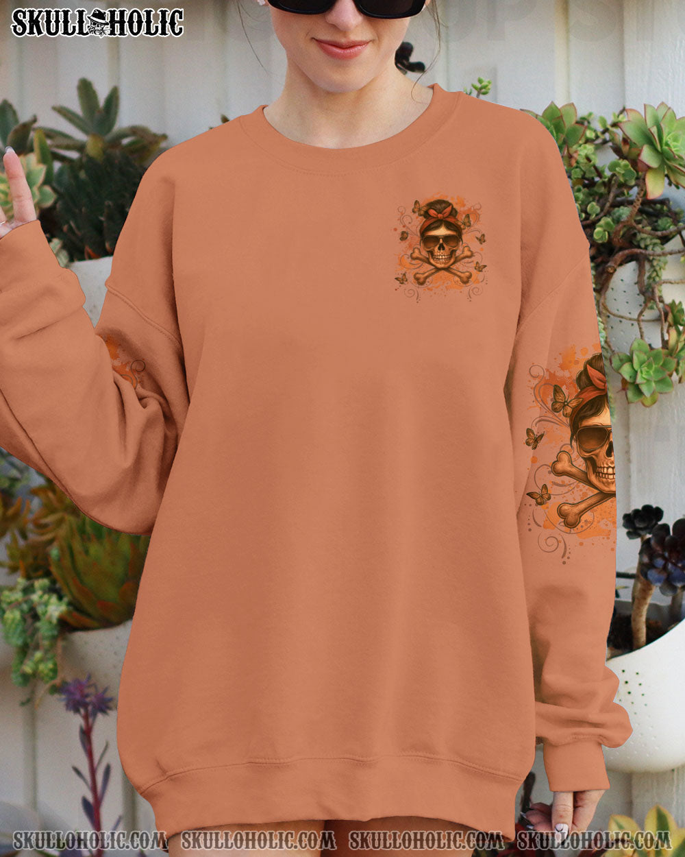BLISSCORNERS ALWAYS A STRONG WOMAN SKULL MESSY BUN ALL OVER PRINT