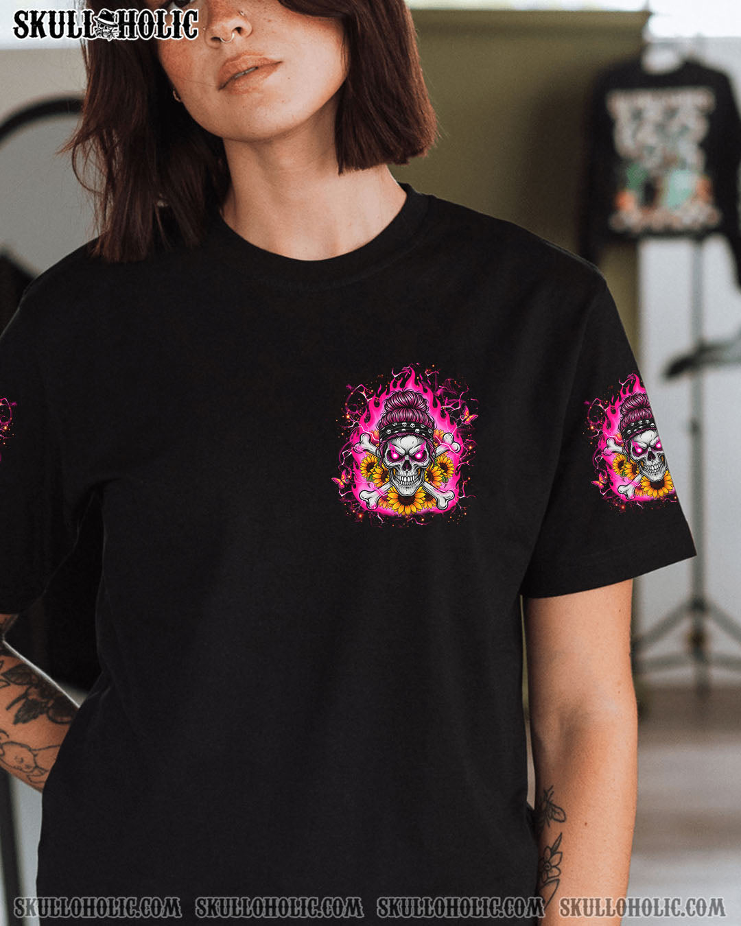 BLISSCORNERS HOW HEARTLESS I CAN BE SKULL MESSY BUN ALL OVER PRINT