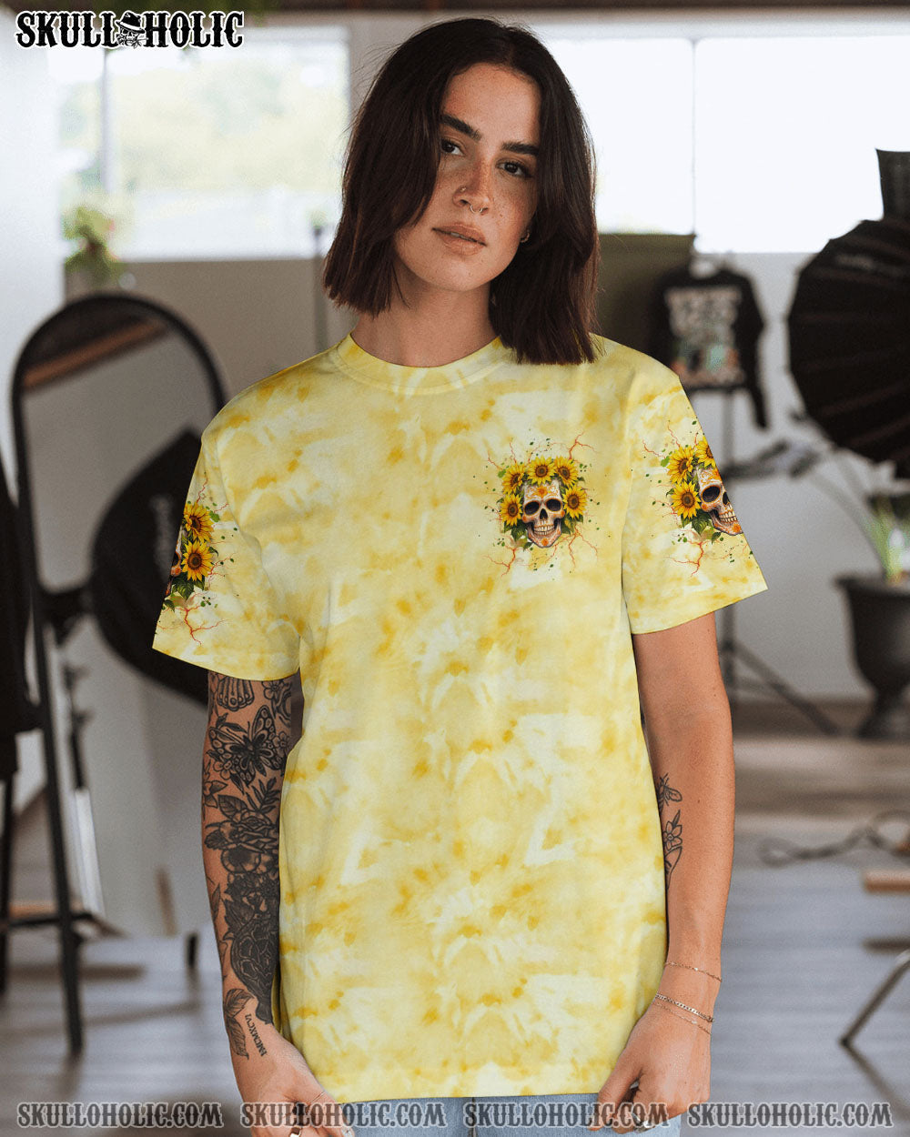 BLISSCORNERS SHE IS SUNSHINE SKULL SUNFLOWER ALL OVER PRINT