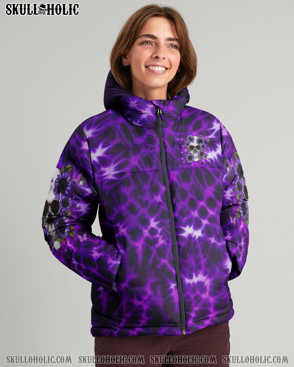 BLISSCORNERS DON'T TRY TO FIGURE ME OUT SKULL FLOWER TIE DYE PUFFER JACKET