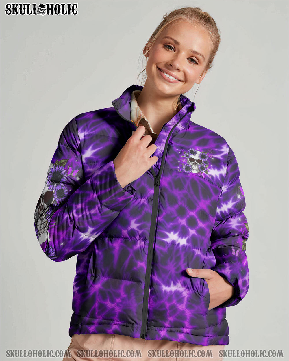 BLISSCORNERS DON'T TRY TO FIGURE ME OUT SKULL FLOWER TIE DYE PUFFER JACKET