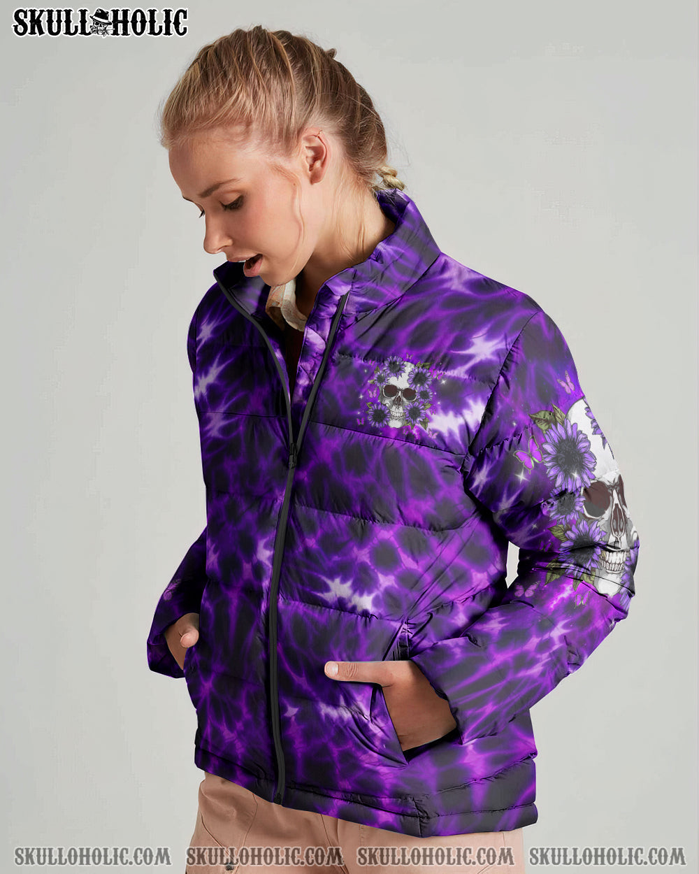 BLISSCORNERS DON'T TRY TO FIGURE ME OUT SKULL FLOWER TIE DYE PUFFER JACKET