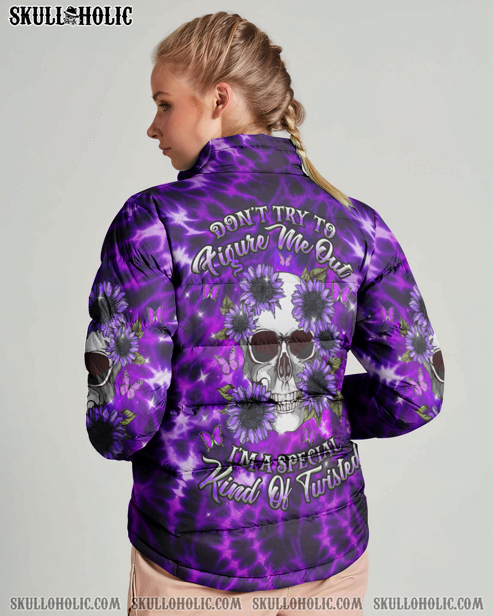 BLISSCORNERS DON'T TRY TO FIGURE ME OUT SKULL FLOWER TIE DYE PUFFER JACKET