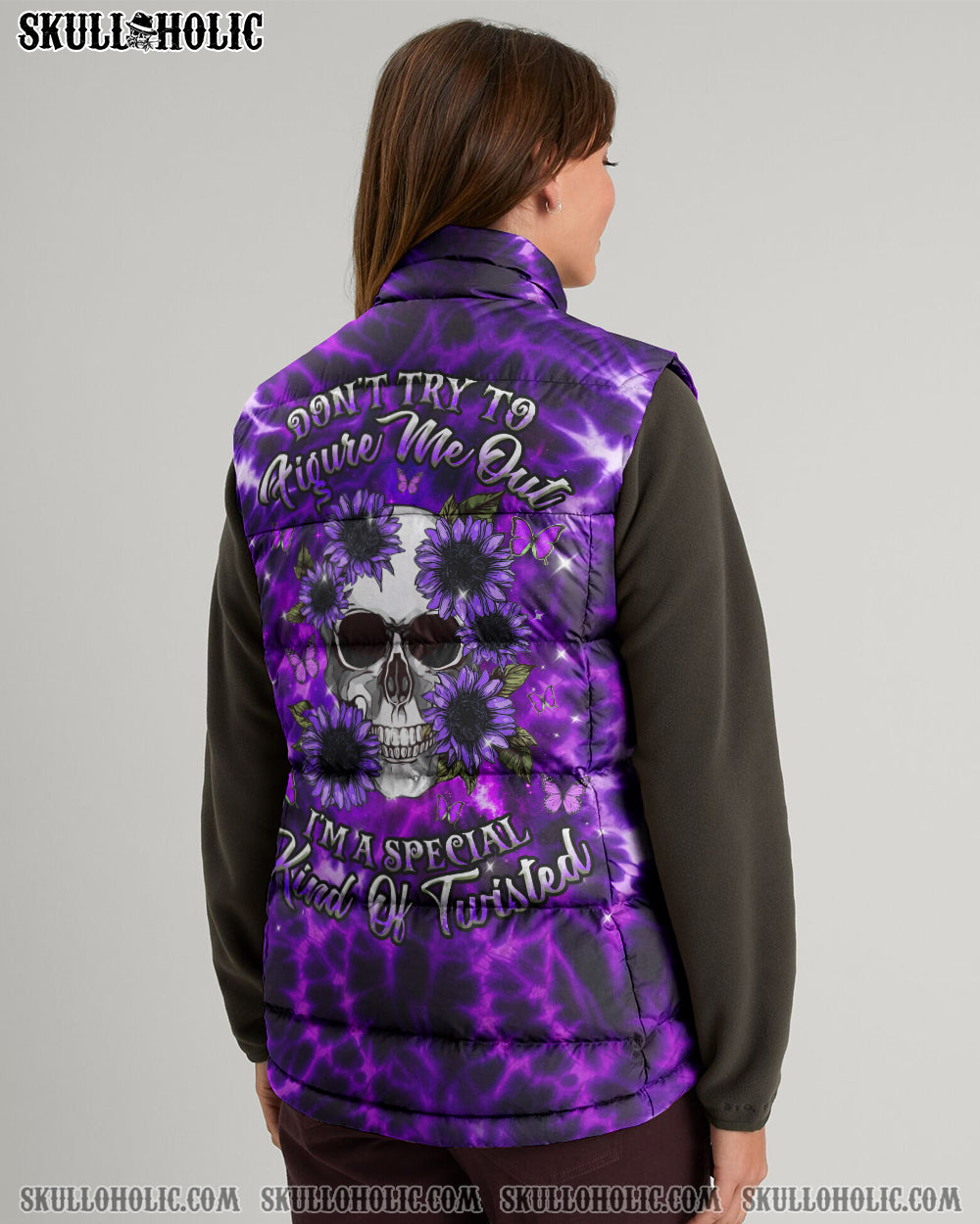 BLISSCORNERS DON'T TRY TO FIGURE ME OUT SKULL FLOWER TIE DYE PUFFER JACKET
