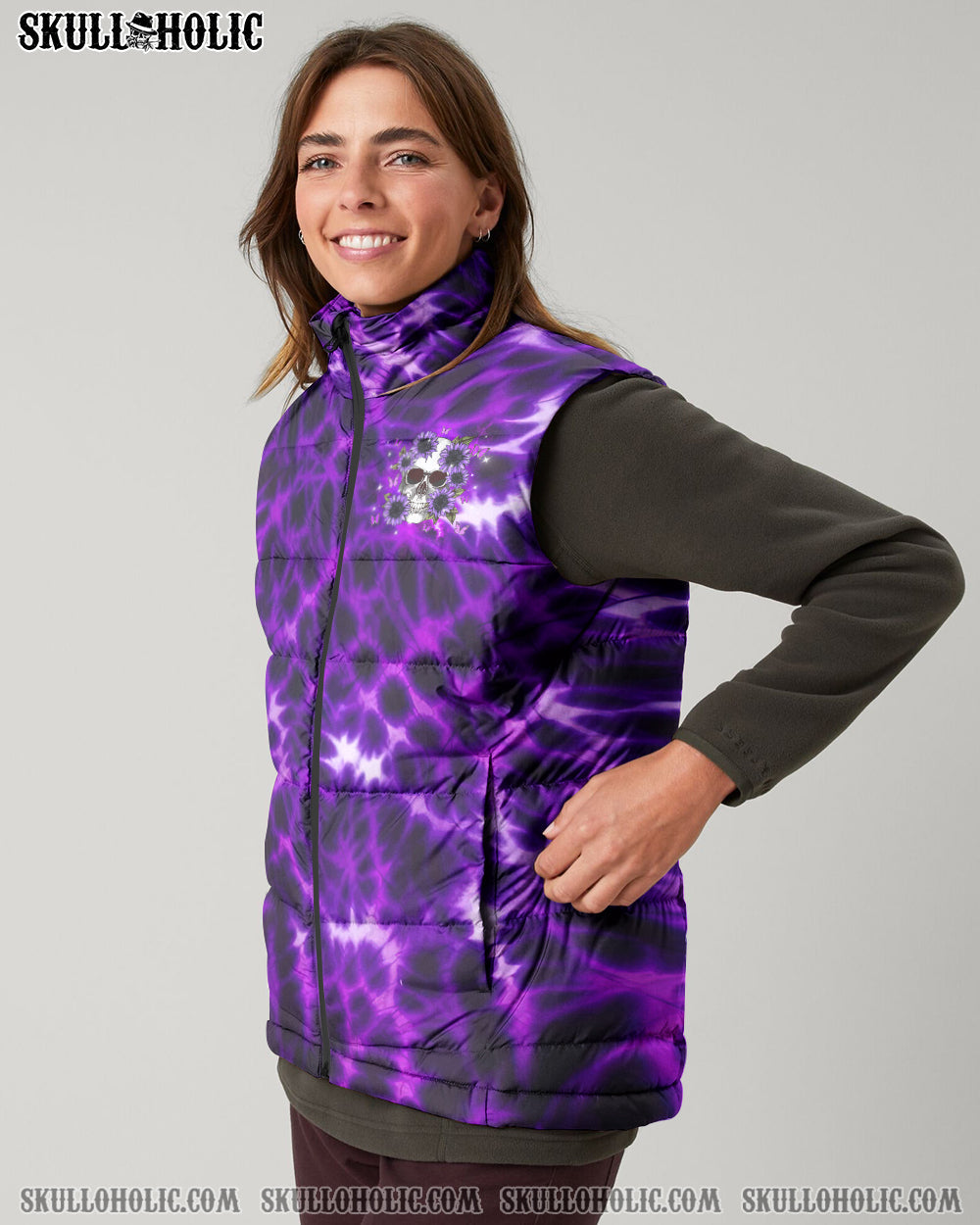 BLISSCORNERS DON'T TRY TO FIGURE ME OUT SKULL FLOWER TIE DYE PUFFER JACKET