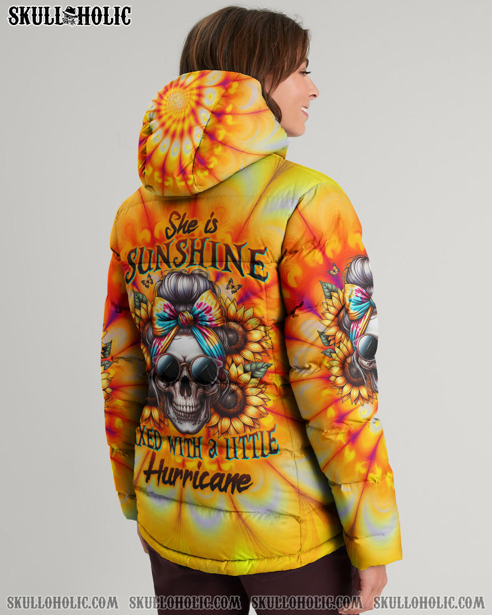 BLISSCORNERS SHE IS SUNSHINE SKULL TIE DYE PUFFER JACKET
