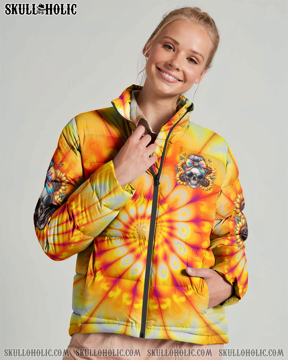 BLISSCORNERS SHE IS SUNSHINE SKULL TIE DYE PUFFER JACKET