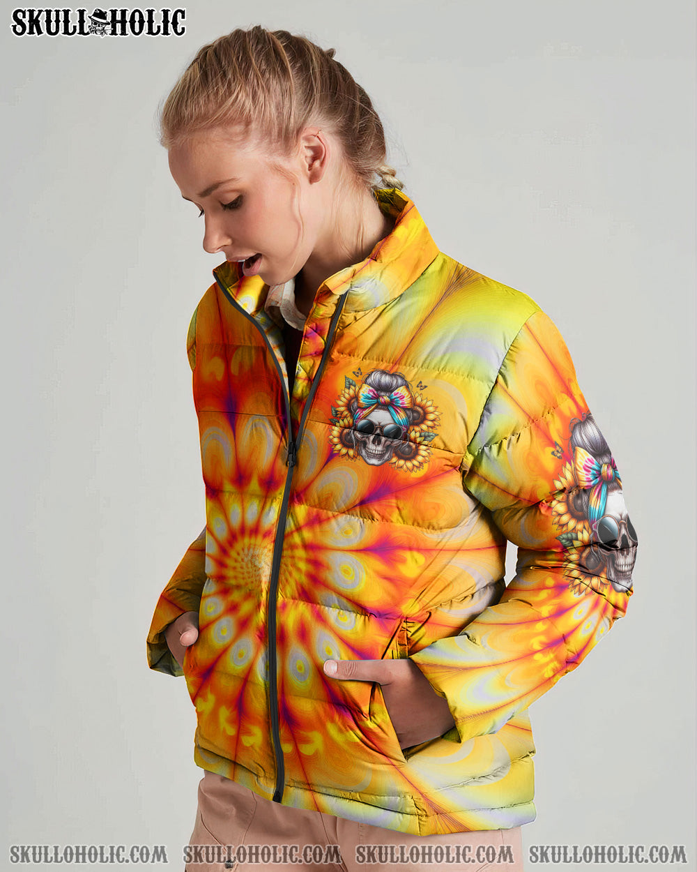 BLISSCORNERS SHE IS SUNSHINE SKULL TIE DYE PUFFER JACKET