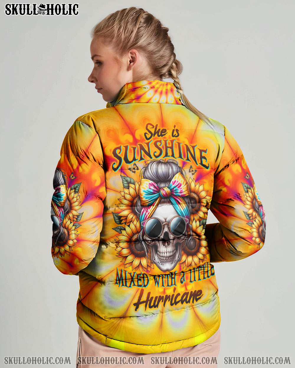 BLISSCORNERS SHE IS SUNSHINE SKULL TIE DYE PUFFER JACKET