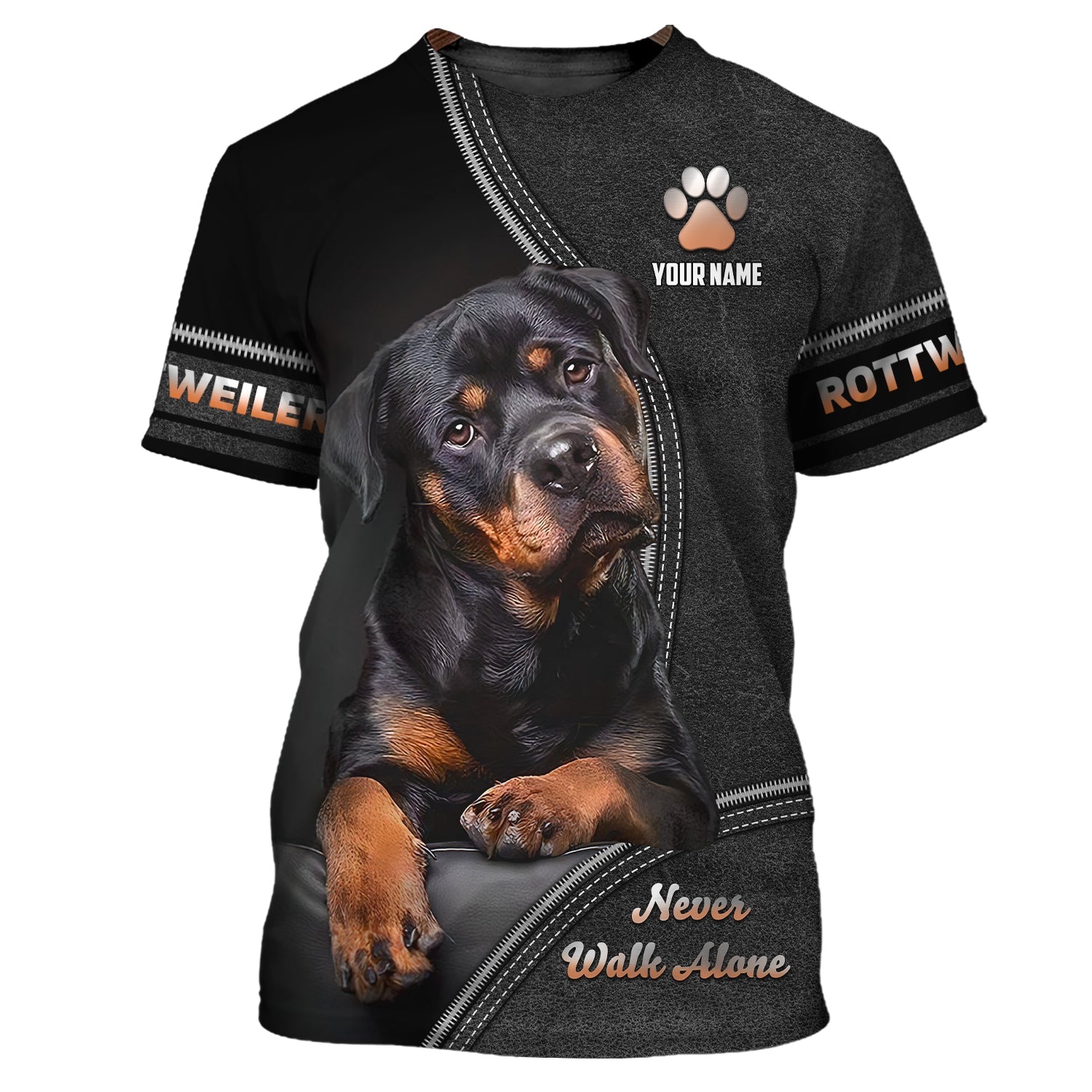 Blisscorners Rottweiler Custom Name Zipper Hoodie Never Walk Alone Gift For Dog Lover 3D Shirts