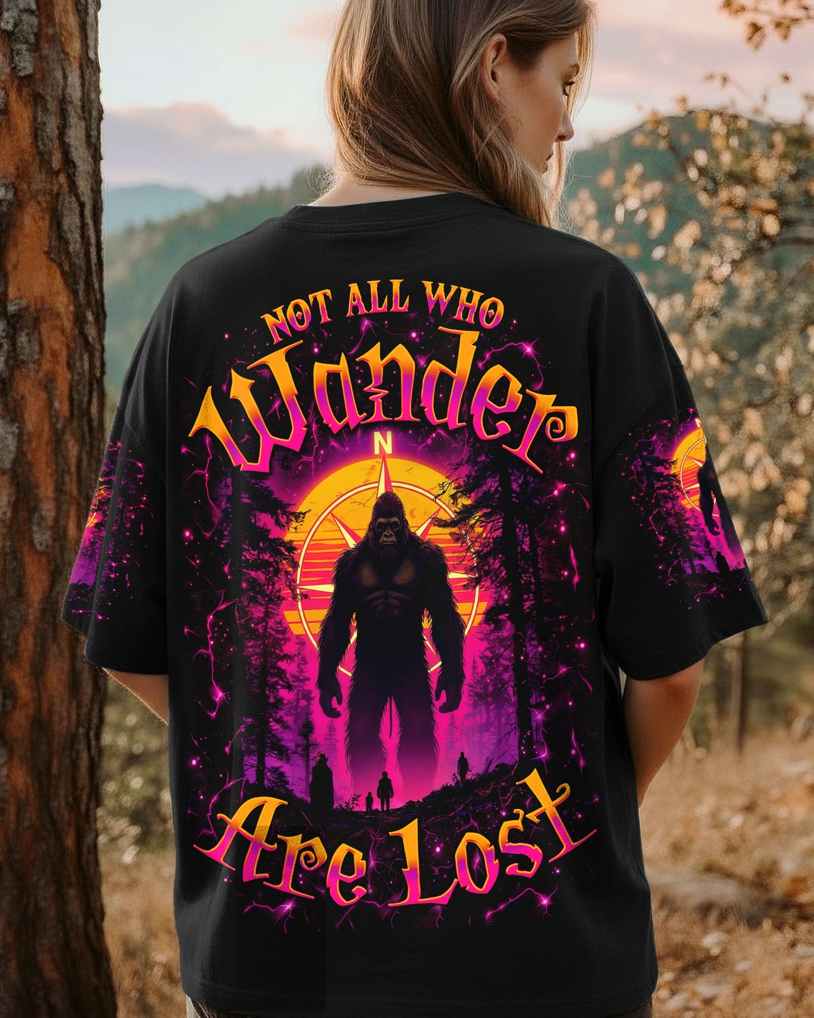 BLISSCORNERS NOT ALL WHO WANDER ARE LOST BIGFOOT  COMPASS ALL OVER PRINT