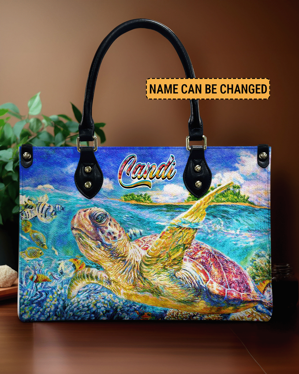 BLISSCORNERS PAINTING TURTLE OCEAN LEATHER HANDBAG