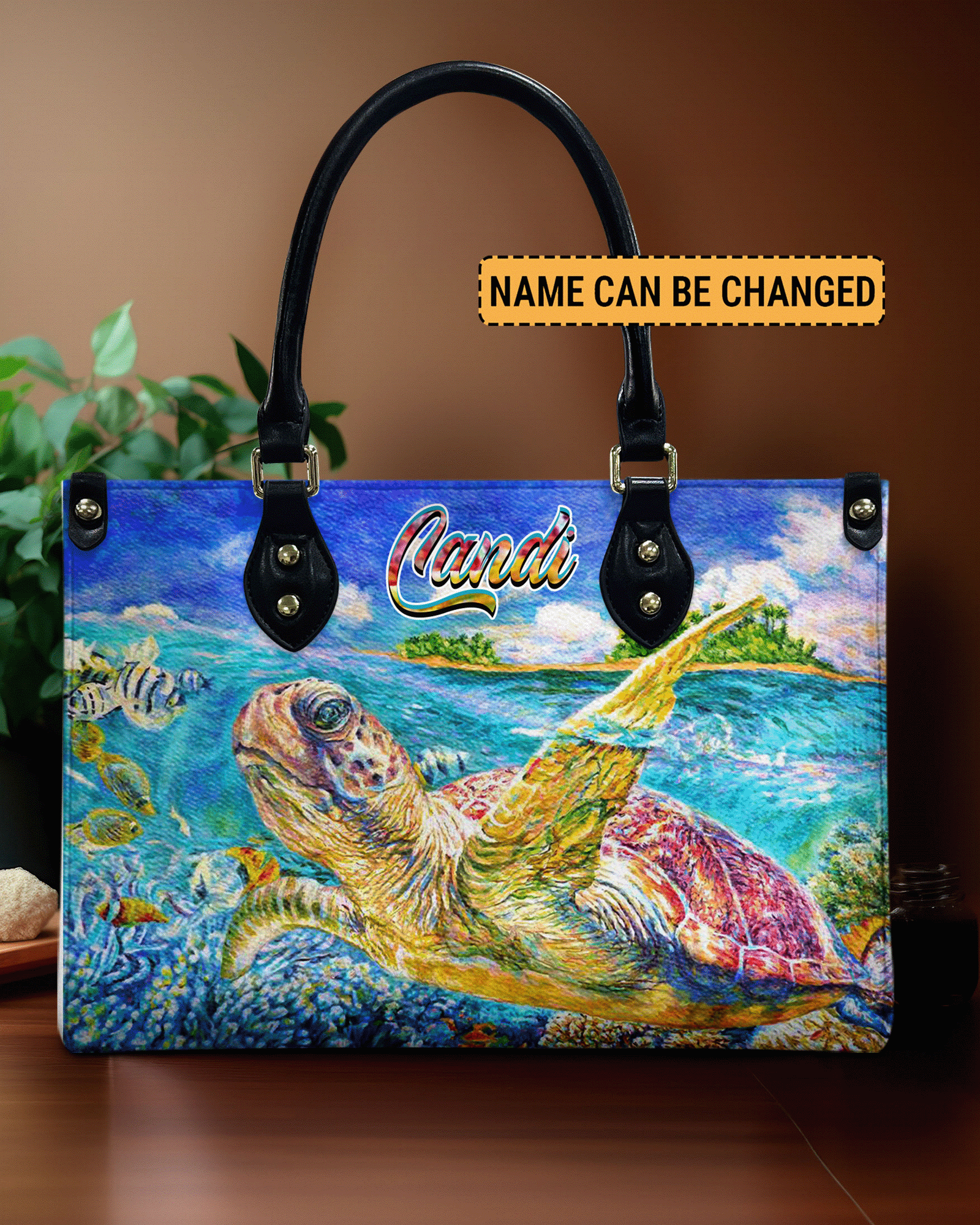 BLISSCORNERS PAINTING TURTLE OCEAN LEATHER HANDBAG