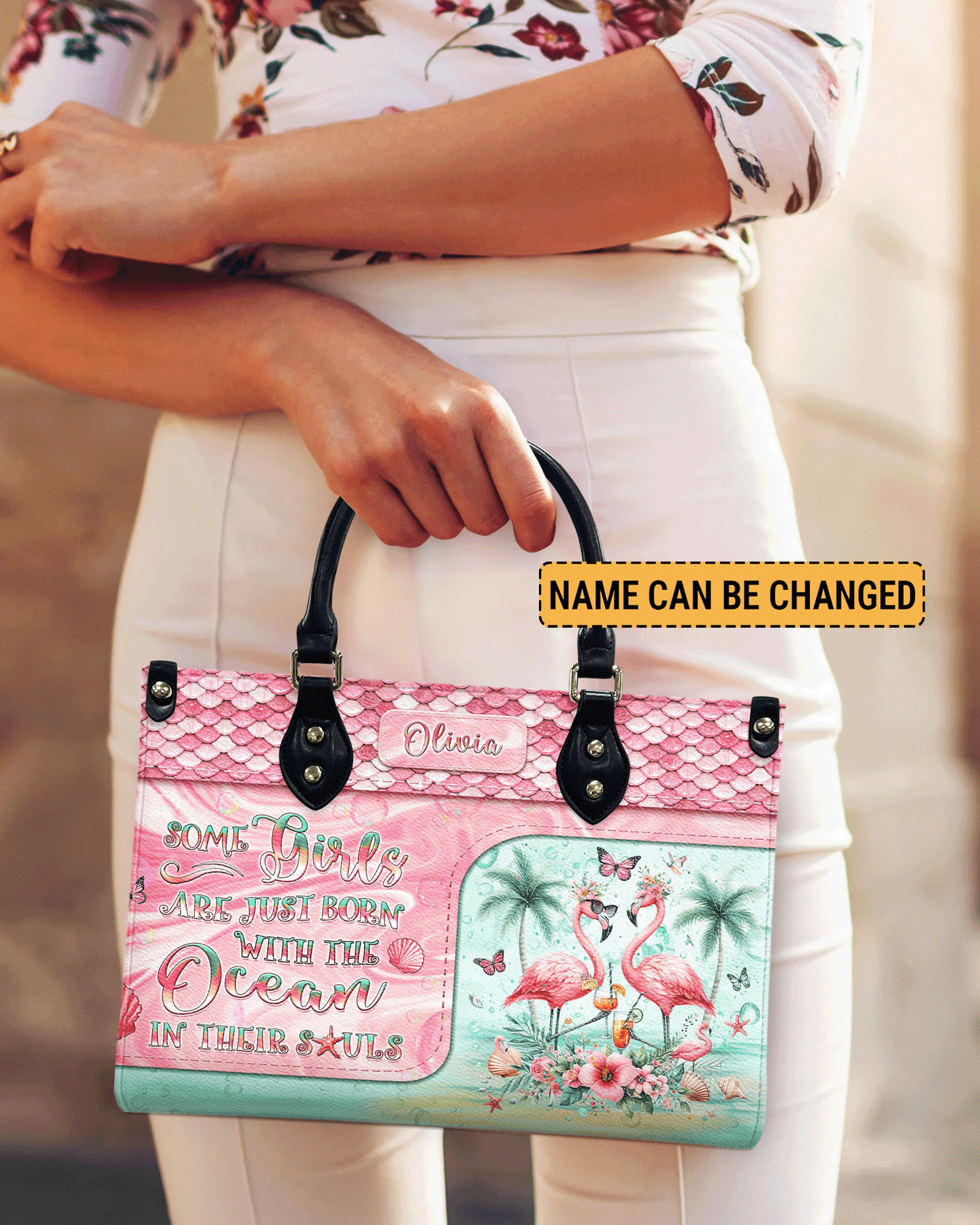 BLISSCORNERS SOME GIRLS ARE JUST BORN FLAMINGO LEATHER HANDBAG