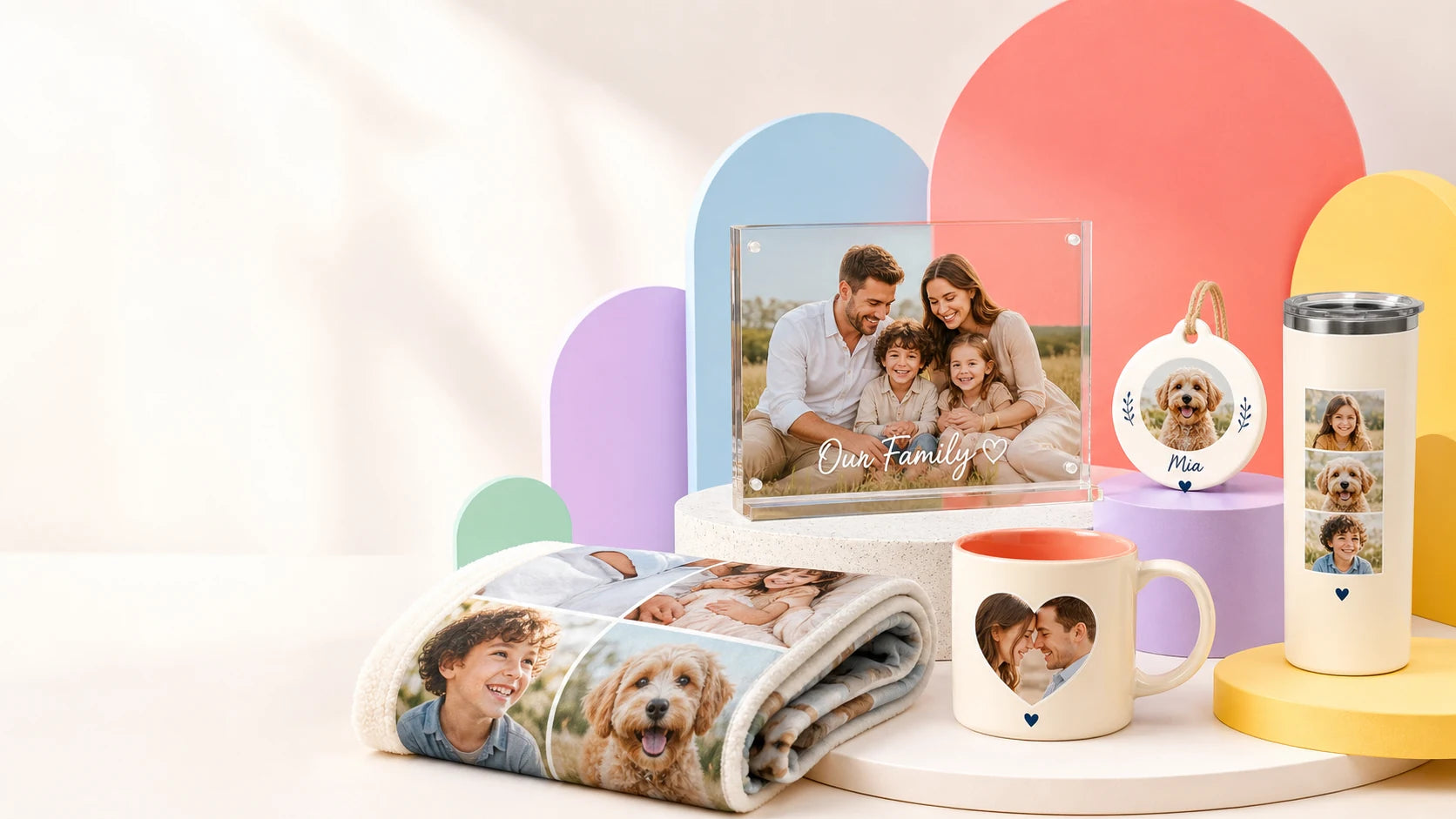 A colorful collection of personalized gift ideas for family and pet lovers