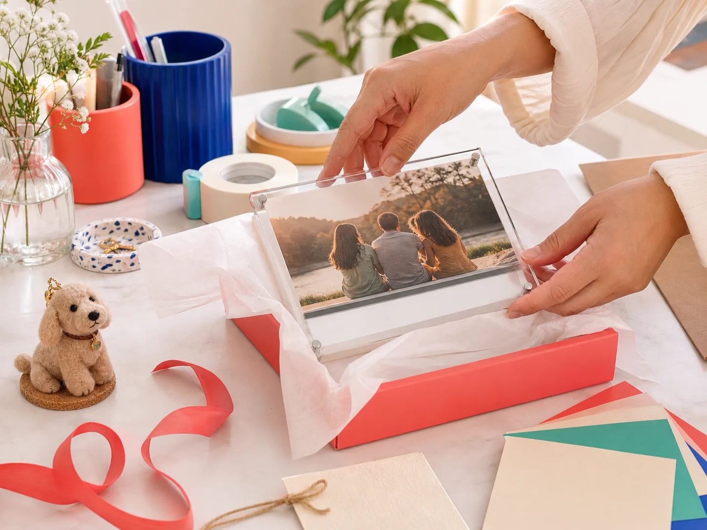 A personalized photo gift being prepared with care